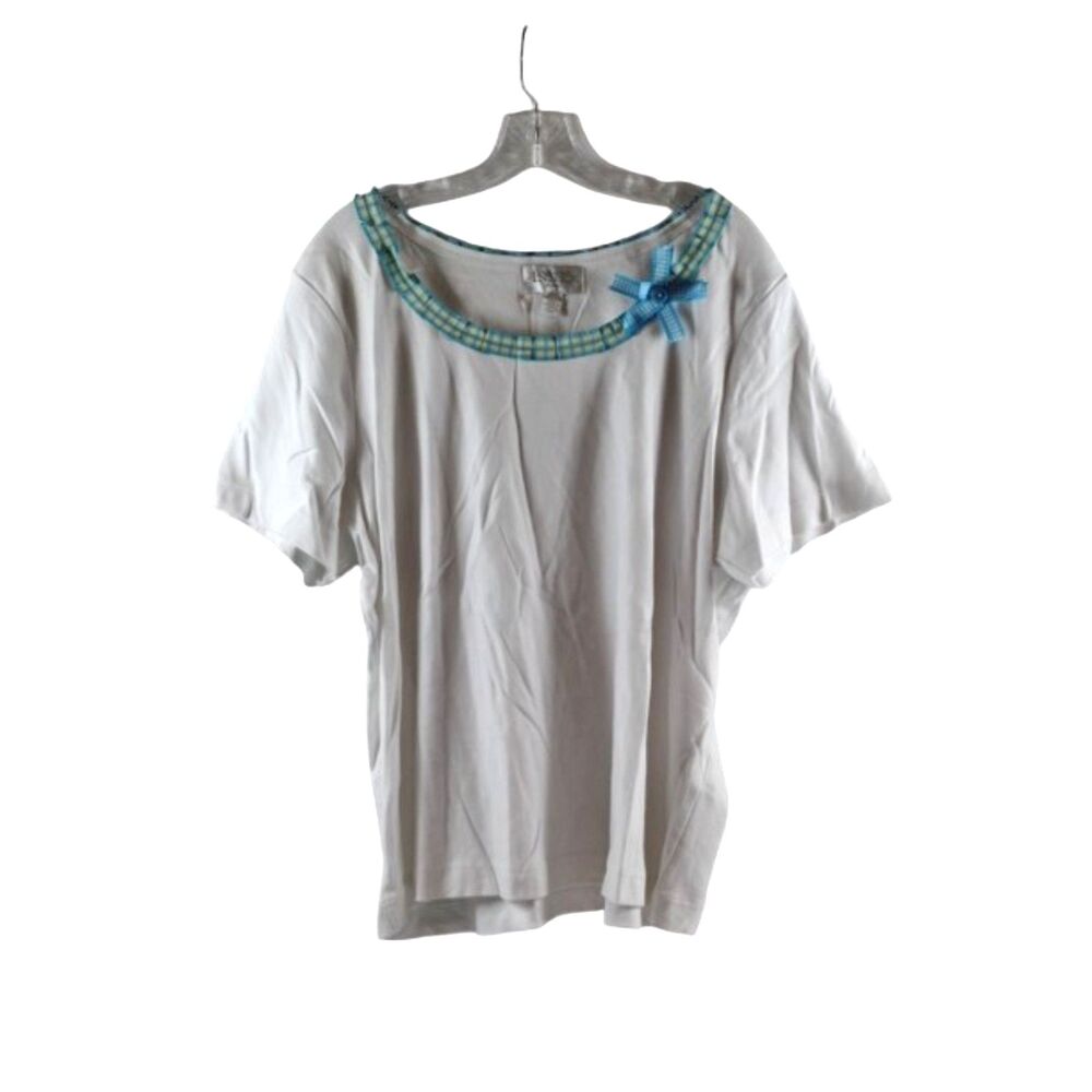 Casual Corner Annex White Women's Short Sleeve Blouse Gingham Trim Bow Neck 2X